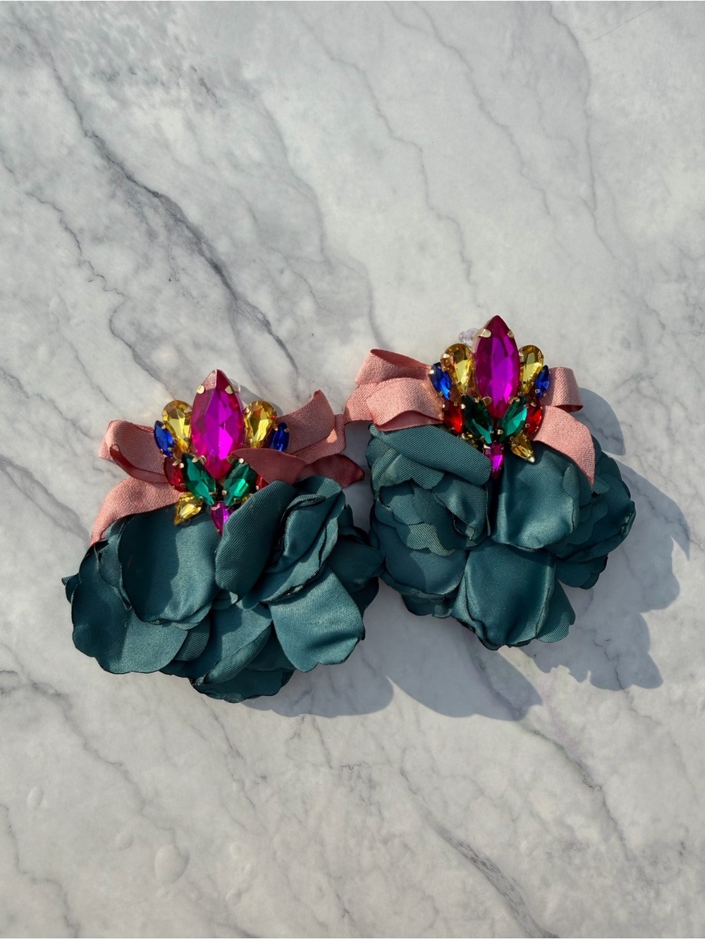 ✨ Jeweled Multi-Gem & Ribbon Fabric Flower Statement Earrings